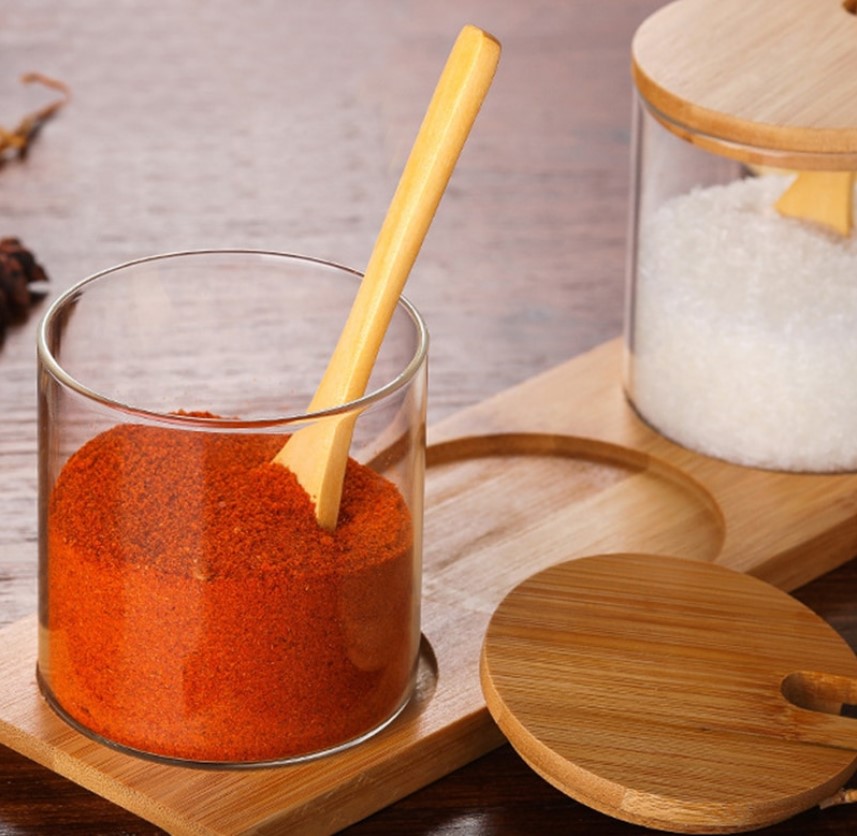 Spice Jars with Wooden Spoon and Stand
