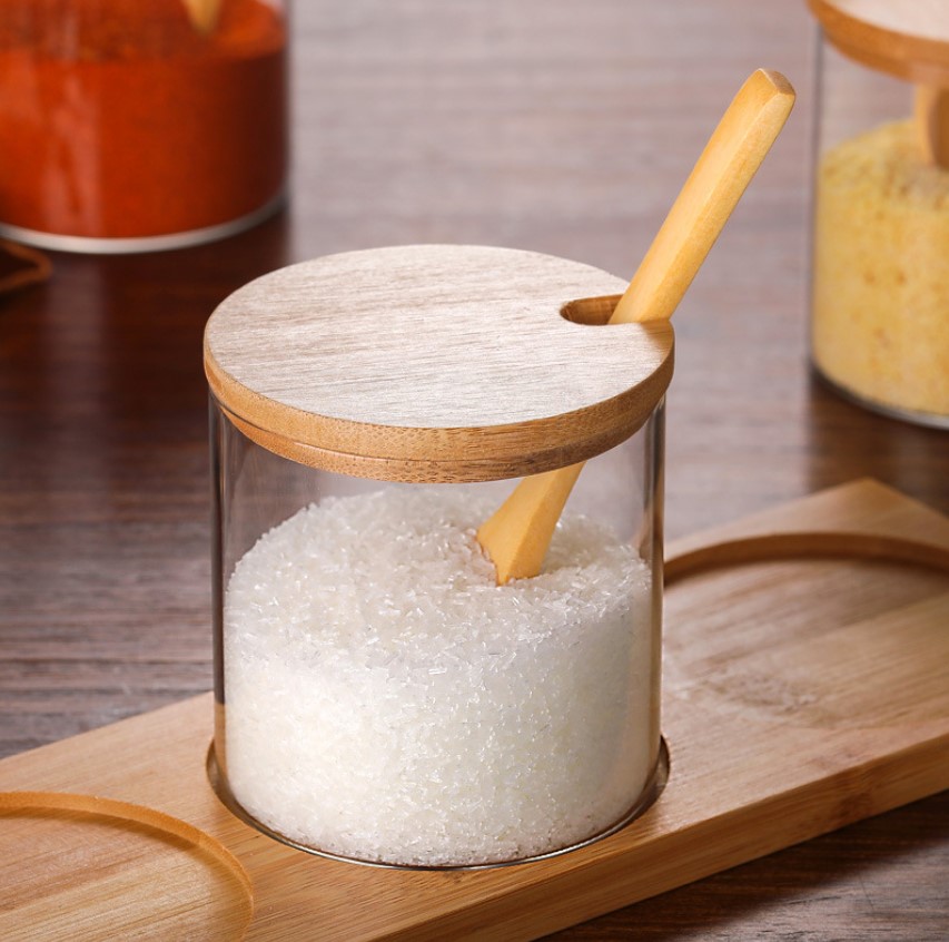 Spice Jars with Wooden Spoon and Stand